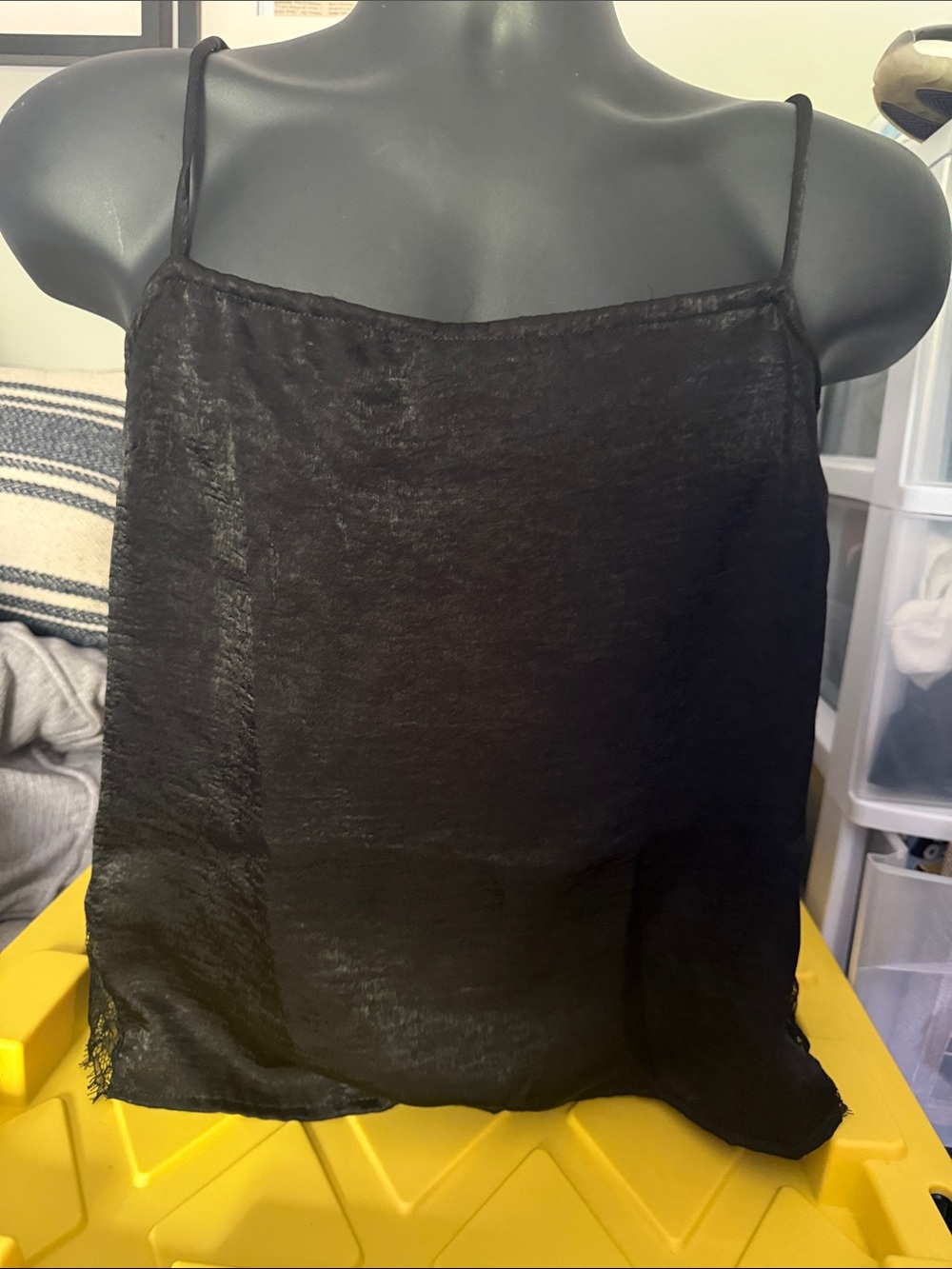 Adore Me Black Sheer Satin Camisole with Lace Hem